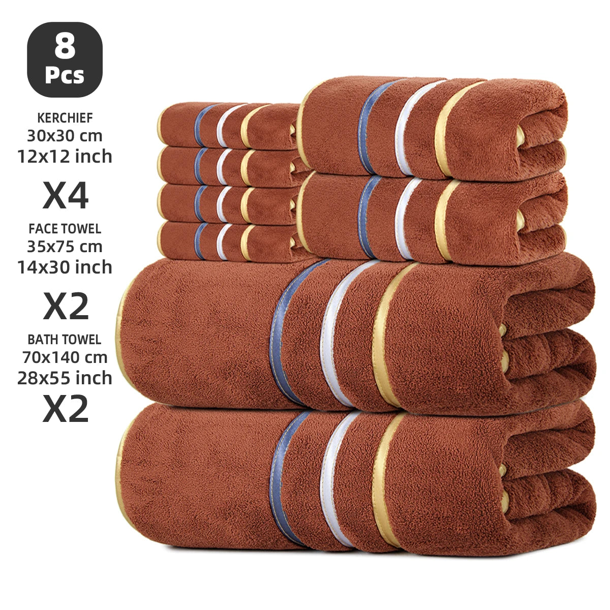 8-Piece Towel Set, 2 Bath Towels + 2 Hand Towels + 4 Face Towels, Soft