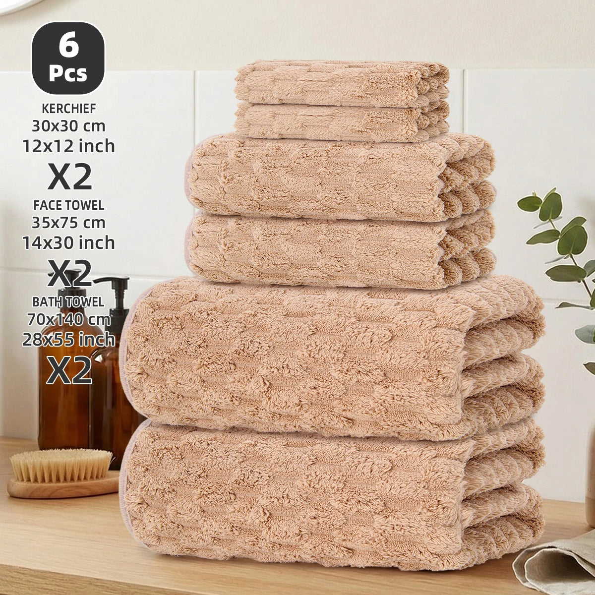 6-Piece Bath Towel Set, 2 Bath Towels + 2 Hand Towels + 2 Square Towels