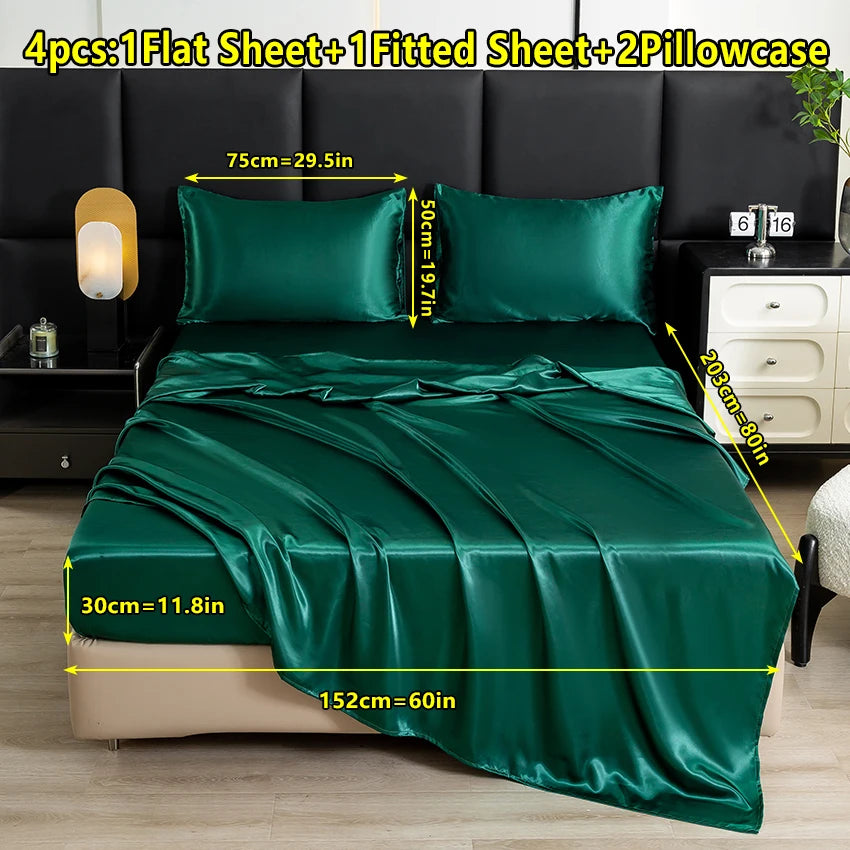 4-Piece Solid Color Satin Bed Sheet Set – Luxurious Soft Skin-Friendly Bedding (Flat Sheet, Fitted Sheet & 2 Pillowcases)
