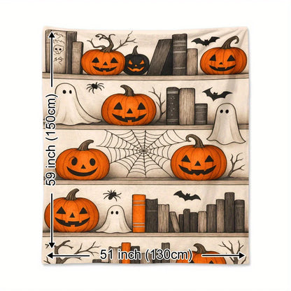 Halloween Blanket - Cute Cartoon Ghost, Magic Bookshelf, Spider Web, Bat, Pumpkin Designs - Soft And Warm Flannel Throw Blanket, Suitable for Camping, Travel, Car, And Home Decoration - A Warm Holiday Gift for Friends, Family