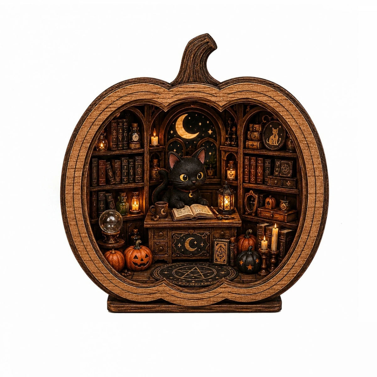 Black Cat Stand Cat Bookshop Pumpkin Figurine Black Pumpkin Scene Display Stand Halloween Pumpkin Figurine