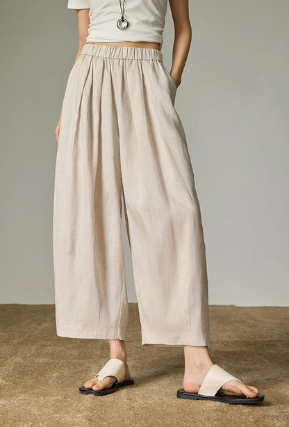 TOYOUTH Women's Lyocell Linen Wide Leg Pants — High Waist Pleated Ankle Trousers