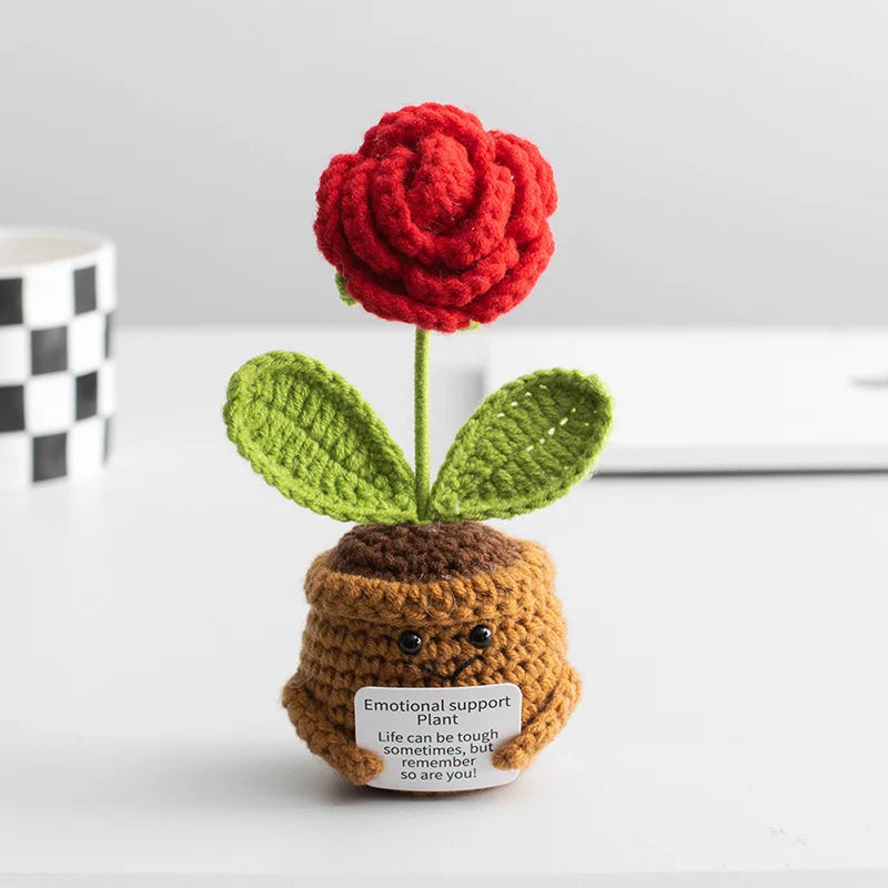 Crochet Flower Funny Positive Emotional SupportPotted Plant for Cheer Up Gifts Sunflower Flowers for Home Room Desk Decoration