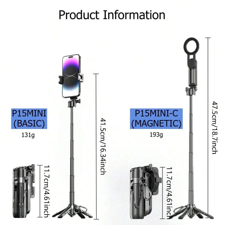 P15MiNi-C Magnetic Selfie Stick Tripod – 18.7", Aluminum, Type-C Remote, iPhone & Android