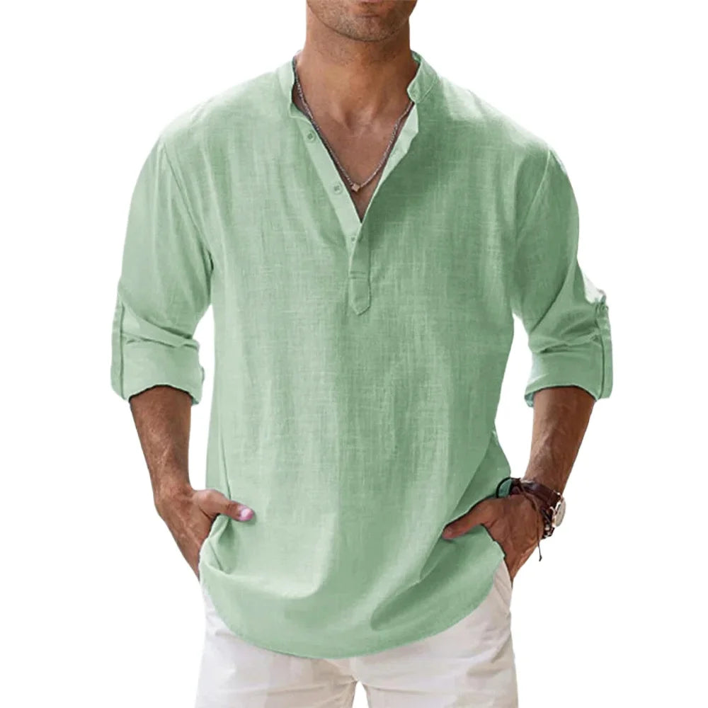 Men's Cotton Linen Long Sleeve Henley Beach Shirt — Solid Color Hawaiian Vacation Top