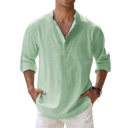 Men's Cotton Linen Long Sleeve Henley Beach Shirt — Solid Color Hawaiian Vacation Top
