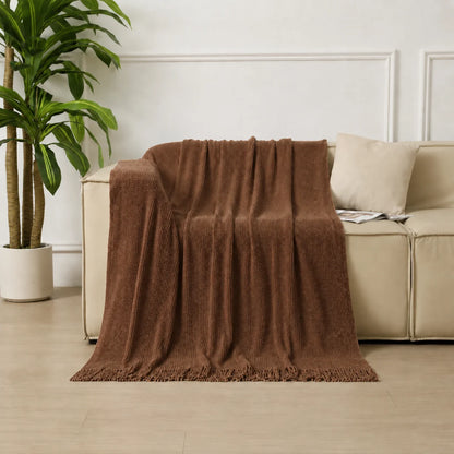 Dark Green Geometric Bobble Textured Knit Throw Blanket with Tassel Fringe, Soft Knitted Decorative Blanket, Lightweight Cozy Cover for Couch Sofa Bed, Boho Farmhouse Home Decor for Living Room Bedroom