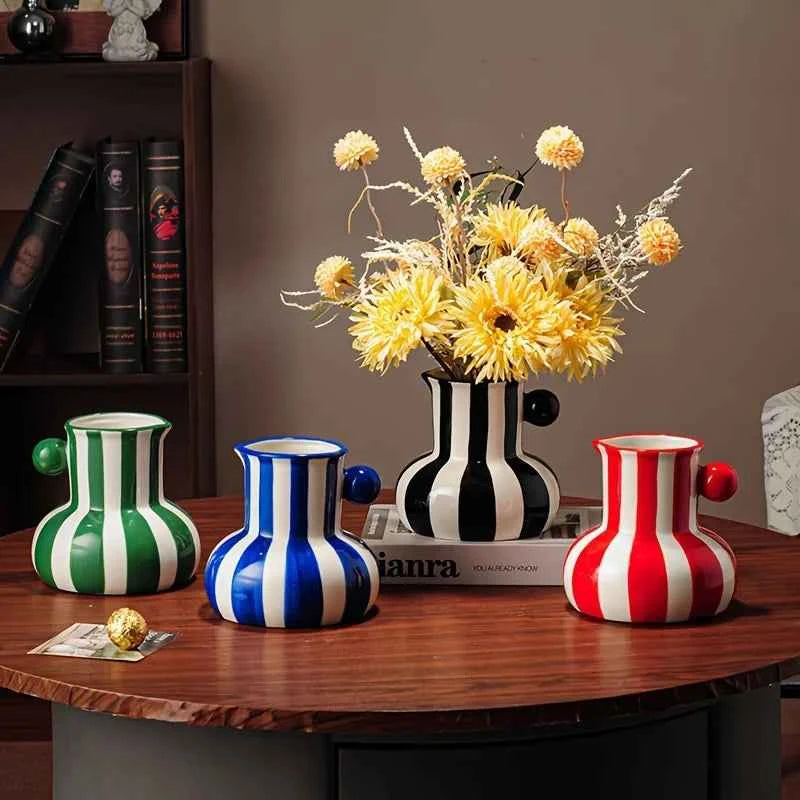 Modern Minimalist Striped Vase Creative Retro Painted Ceramic Vase for Home Decor