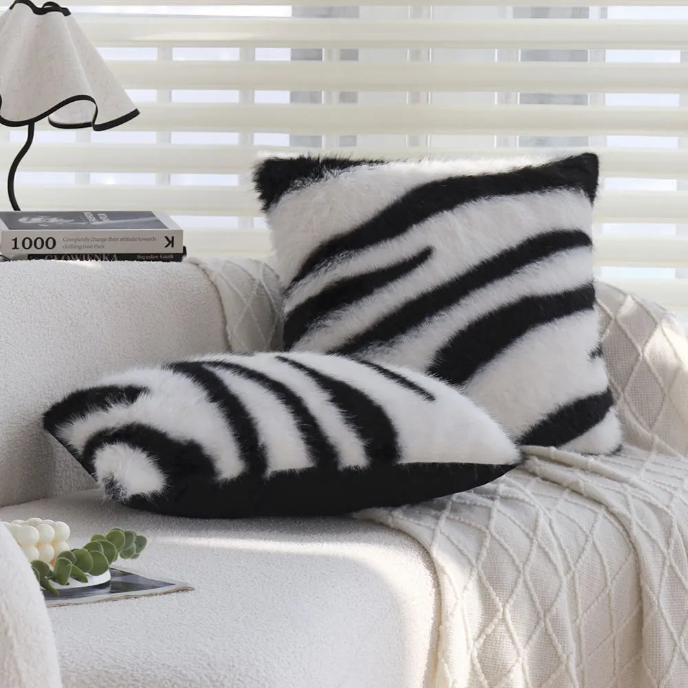 Zebra Print Faux Fur Cushion Cover, Black & White