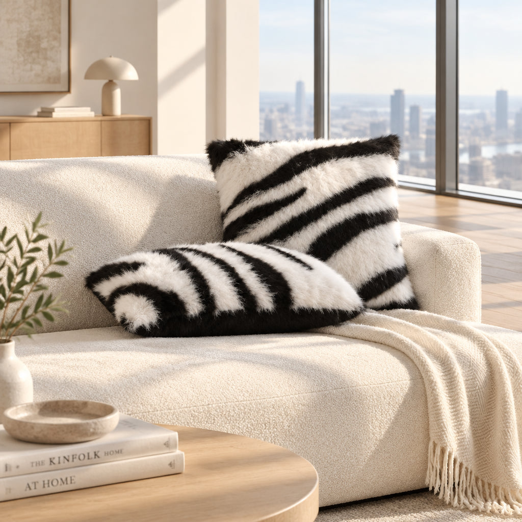 Zebra Print Faux Fur Cushion Cover, Black & White