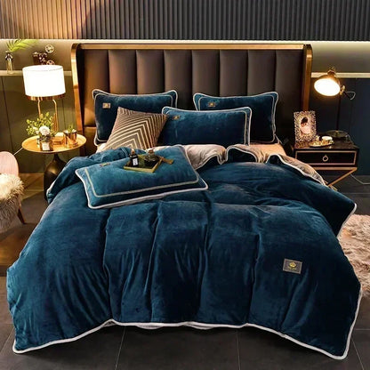 High-end Milk Velvet Autumn Winter Warm Duvet Cover Set with Bed Sheet Quilt Cover and Pillowcases Warmth Cozy Bedding Set Queen