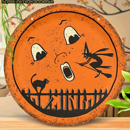 flat Halloween round wooden sign - ghost witch, black cat and full moon - Halloween decoration, no power required
