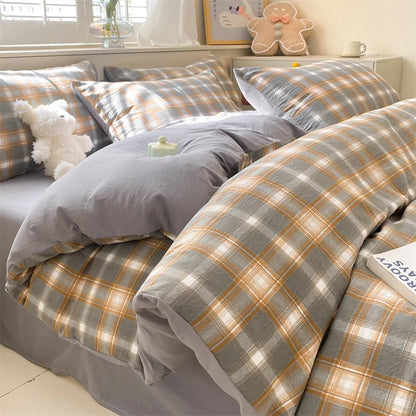 3/4 Pcs Blue Checkered Bedding Set Simple Style Soft Skin Friendly Duvet Cover Flat Sheet and Pillowcases Single Double Bed Sets