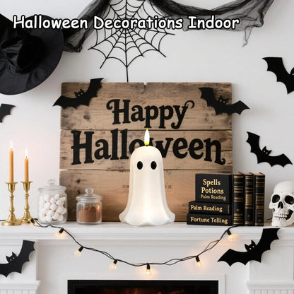 Halloween Ghost Flameless Candle with Timer – LED Candle with Flickering Flame, Real Wax, Remote Control, Spooky Halloween Decor