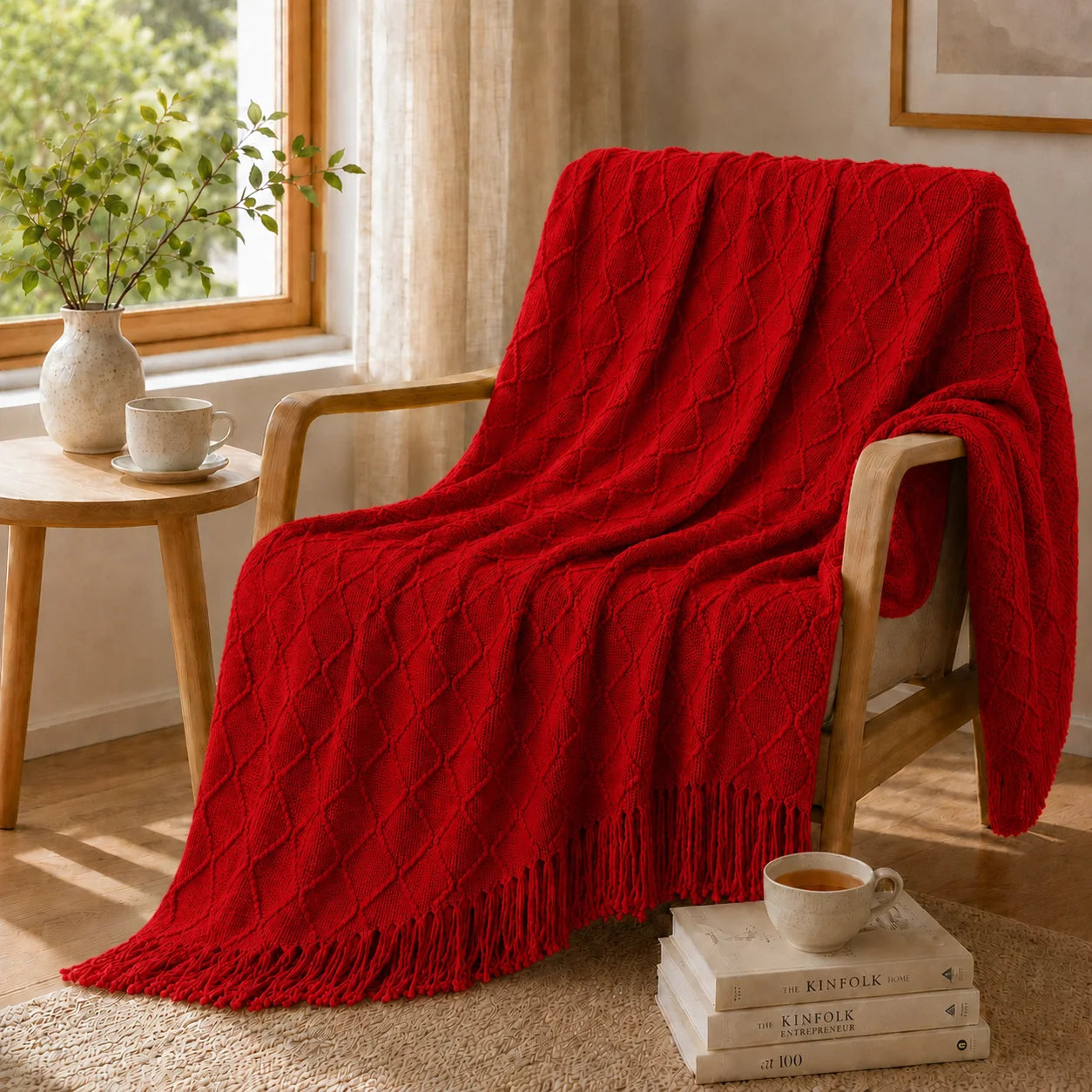 Sage Green Mixed Bobble Diamond Textured Knit Throw Blanket with Tassel Fringe, Soft Knitted Decorative Blanket, Lightweight Cozy Cover for Couch Sofa Bed, Boho Farmhouse Home Decor for Living Room Bedroom