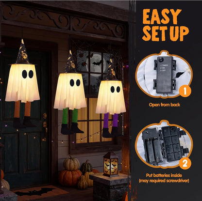 23.6'' 3Pcs Halloween Hanging Ghosts Decorations Outdoor, Warm Light Up Ghosts with Witch Hat & Timer, Flying Halloween Decorations for Yard Porch Lawn Party Supplies Tree Decor