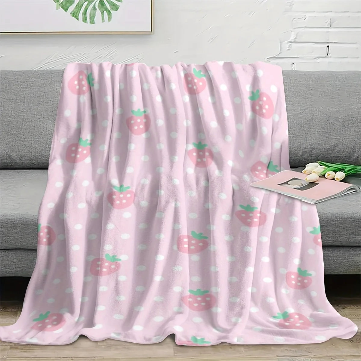 Pink Strawberry Print Flannel Blanket, Soft Warm Cozy Throw for Home Kitchen Sofa Camping Relaxation