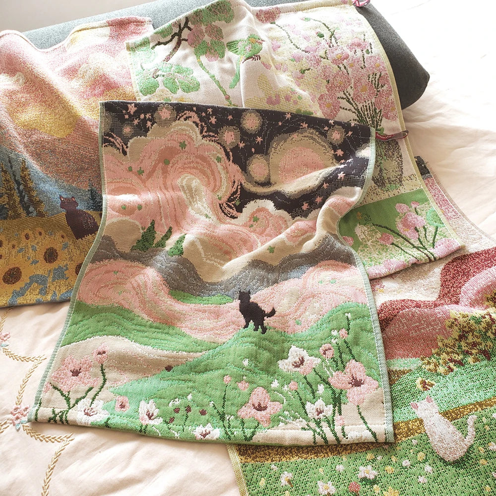 Pastoral Cats 100% Cotton Four-layer Gauze Towel Printed Hand Towel
