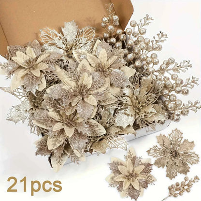21Pcs Artificial Flowers Berry Bouquet Christmas Decoration Vase for Home Room Decor Fake Flowers Garland Ornament Accessories