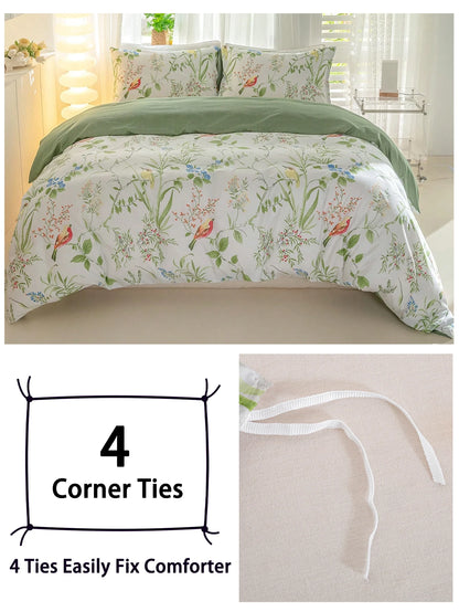 Floral & Bird Print Duvet Cover Set, 3-Piece, Breathable
