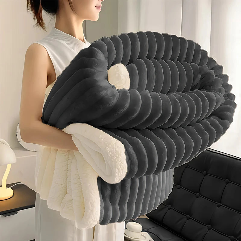 1pc Weighted Sherpa Fleece Blanket -Soft, Warm Faux Rabbit Fur Softness, Beige & White Striped Contemporary Bedspread for Bed