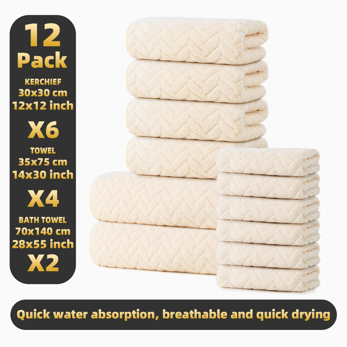 12-Piece Towel Set, 2 Bath Towels + 4 Hand Towels + 6 Face Towels, Soft