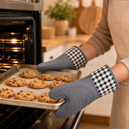 Heat Resistant Silicone Oven Mitt with Cotton Cuff for Baking, BBQ and Microwave