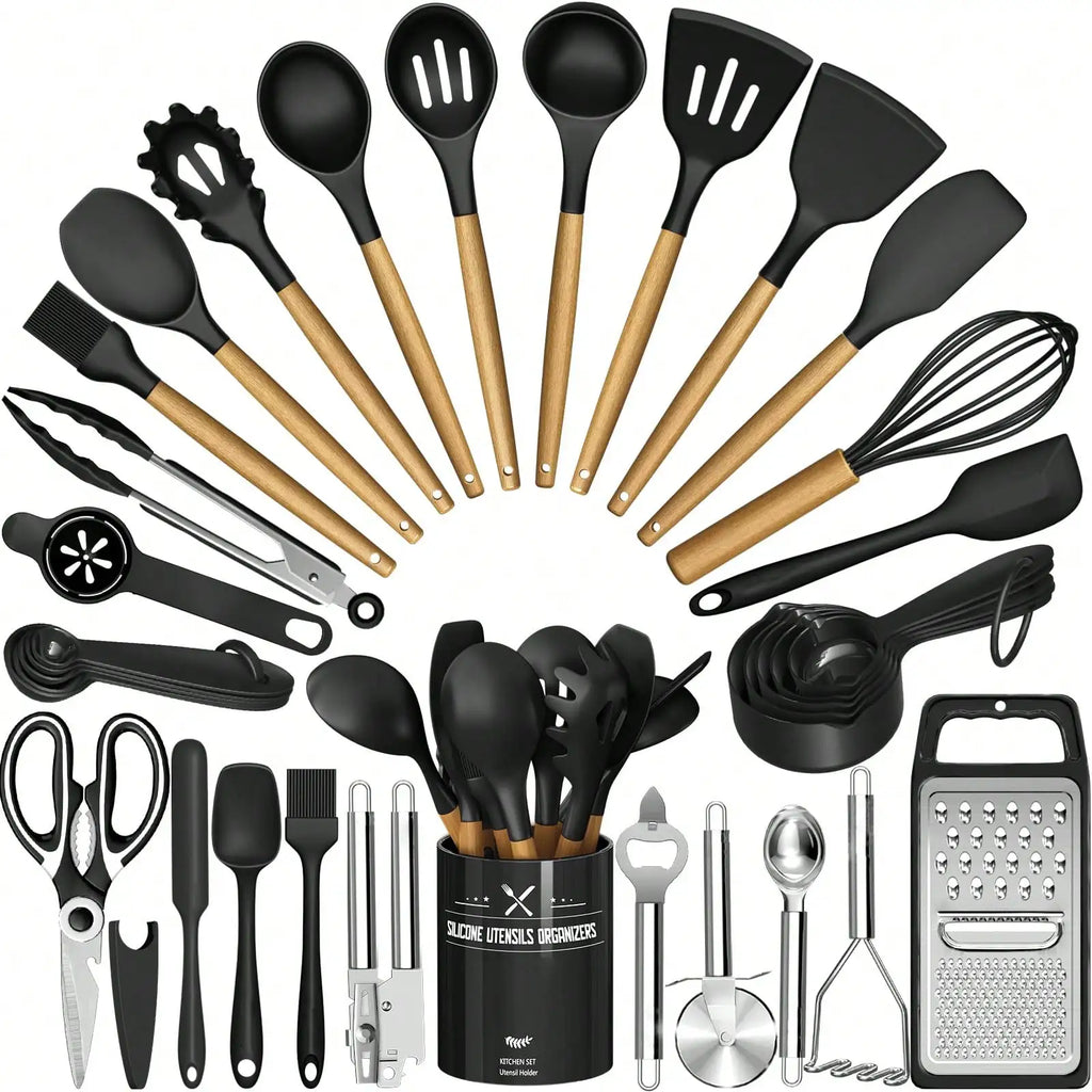 34-Piece Silicone Kitchen Utensils Set with Wooden Handles and Holder, Heat Resistant and Non-Stick Safe