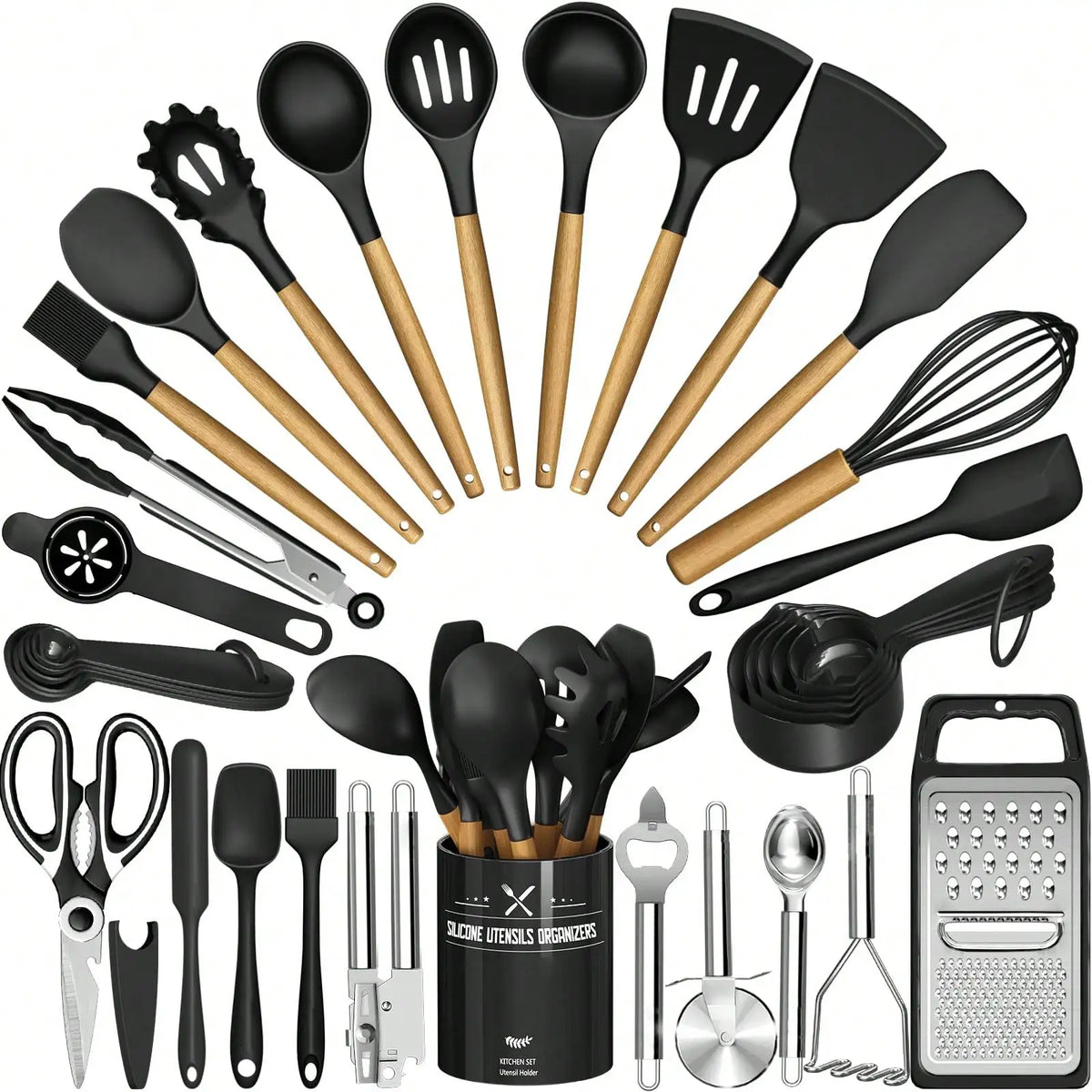 34-Piece Silicone Kitchen Utensils Set with Wooden Handles and Holder, Heat Resistant and Non-Stick Safe