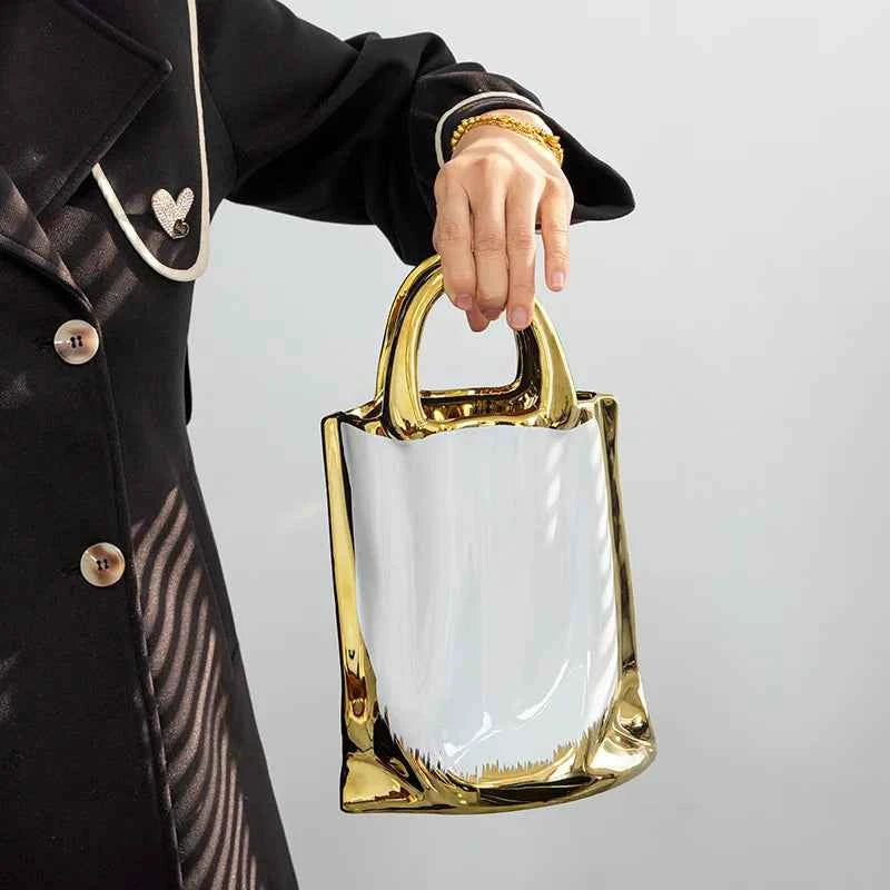 Handbag Shape Vase Gold-plated Ceramic Plant Pot Table Decoration Flower Arrangement Flowers Vases Room Aesthetic Decor