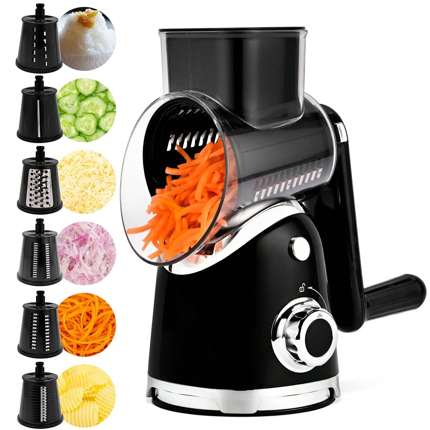Rotary Cheese Grater with 6 Interchangeable Blades and Suction Base