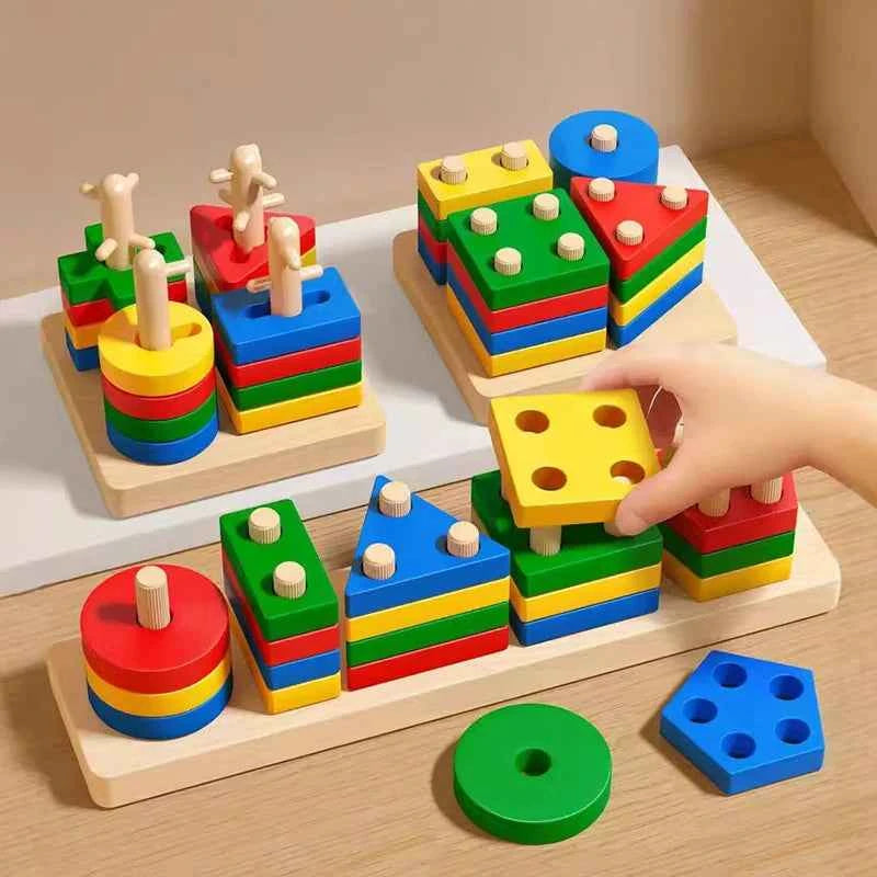 Montessori Toy Wooden Building Blocks Early Learning Educational Toys Color Shape Match Kids Puzzle Toys For Children Boys Girls