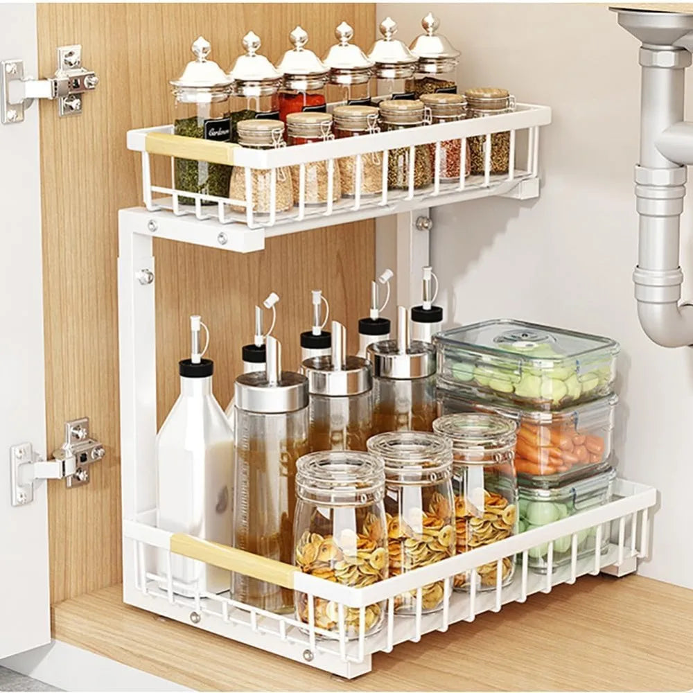 2-Tier Under Sink Organizer with Pull-Out Sliding Drawers, White and Black