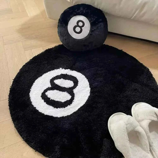 VIKAMA Black Billiards 8 Ball Round Flocked Floor Bedroom Anti-Slip Carpet Mat Living Plush Soft Bedroom Rug，Home Doeration