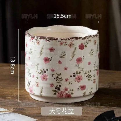 Retro Ceramic Flower Pot Indoor Home Decor Porous Breathable Flower Vase Pastoral Style Plants Potted Plants Tabletop Ornament