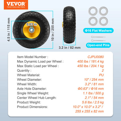 2-Pack Solid PU Run-Flat Tire Wheel 10" Flat Free Tubeless Tires and Wheels for Dollies Garden Trailers Various Carts