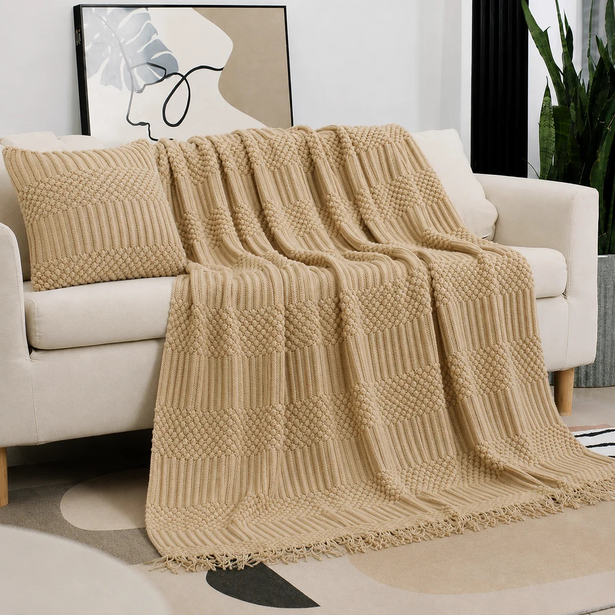 Beige Openwork Textured Knit Throw Blanket with Tassel Fringe, Soft Knitted Decorative Blanket, Lightweight Cozy Cover for Couch Sofa Bed, Boho Farmhouse Home Decor for Living Room Bedroom