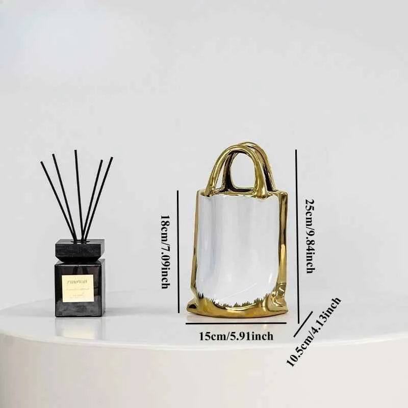 Handbag Shape Vase Gold-plated Ceramic Plant Pot Table Decoration Flower Arrangement Flowers Vases Room Aesthetic Decor