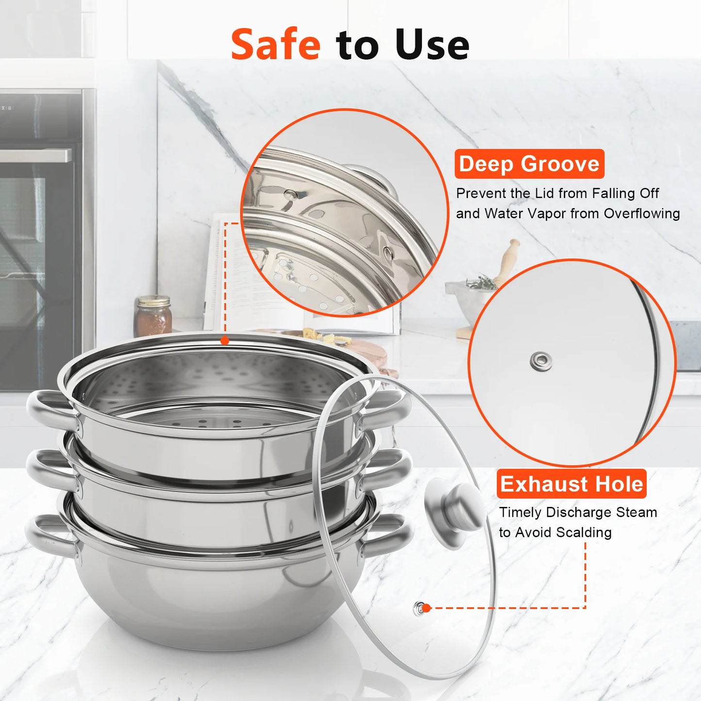 28cm 3-Tier Stainless Steel Steamer Pot with Glass Lid for Induction and Gas Stoves