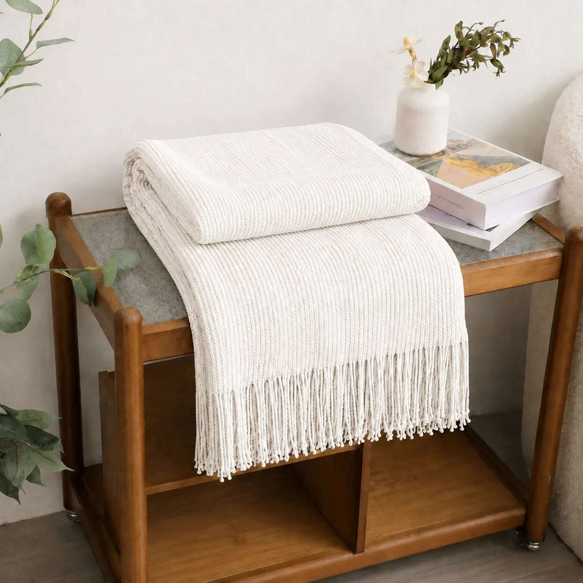 Cream Popcorn Bobble Textured Knit Throw Blanket with Tassel Fringe, Soft Knitted Decorative Blanket, Lightweight Cozy Cover for Couch Sofa Bed, Boho Farmhouse Home Decor for Living Room Bedroom