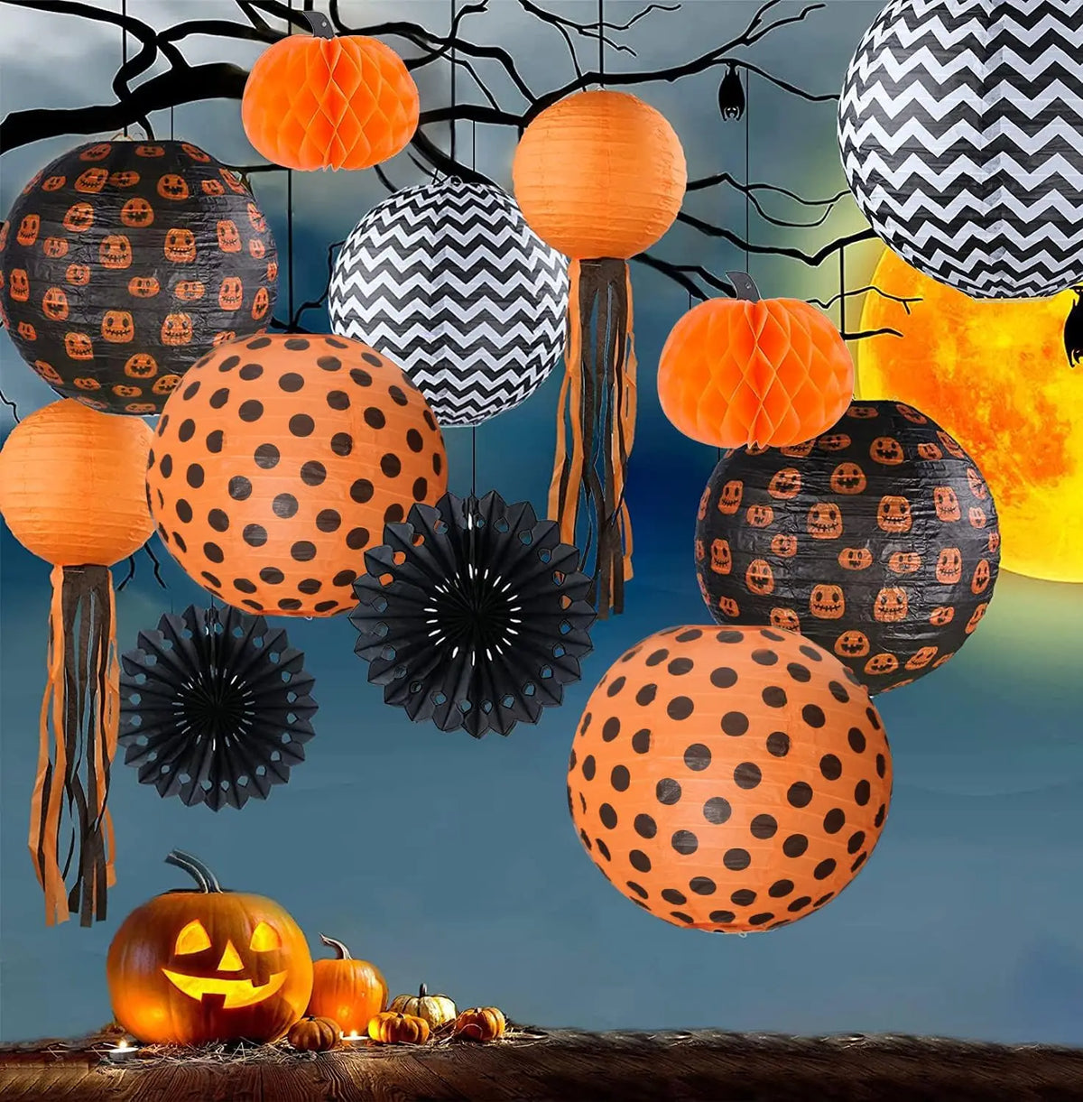 12 Pack Halloween Paper Lantern Pumpkin Set, Black Orange