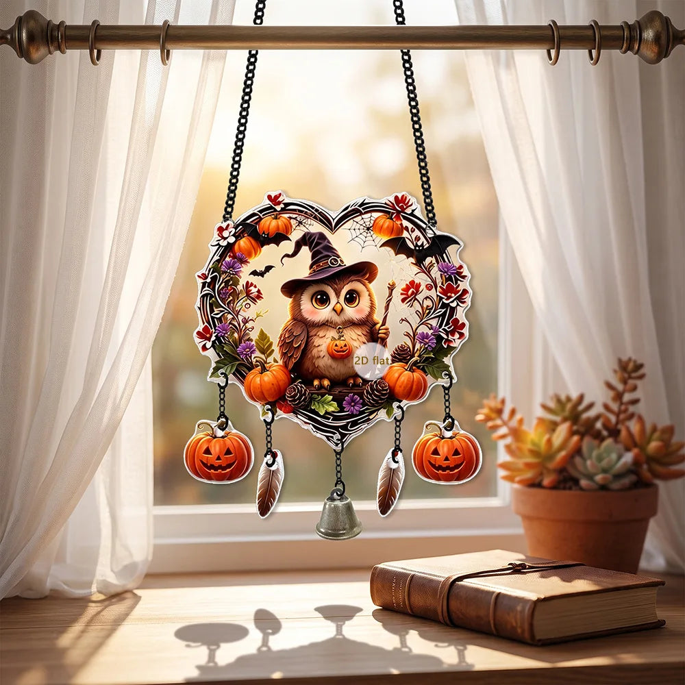 Halloween Heart Wreath Acrylic Hanging Decor, 2D Ghost Owl Ornament, Cute Spooky Halloween Wall Door Hanging Sign, Festive Gothic Home Decoration