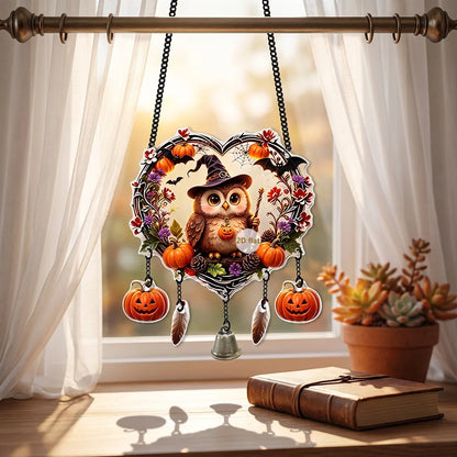 Halloween Heart Wreath Acrylic Hanging Decor, 2D Ghost Owl Ornament, Cute Spooky Halloween Wall Door Hanging Sign, Festive Gothic Home Decoration
