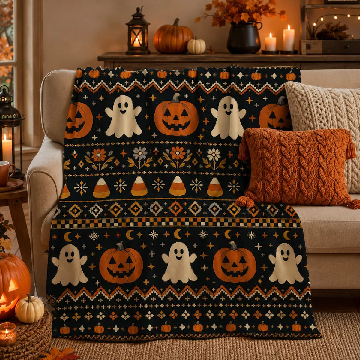 Halloween Sherpa Blanket, Cottagecore Fleece Throw, Cozy Pumpkin Ghost Fall Blanket, New Home Halloween Gift