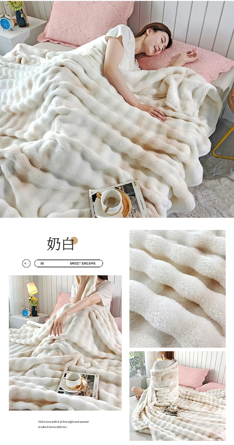 Gradient Bubble Fleece Throw Blanket Cozy Soft Plush Multipurpose Nap Blanket for Bedroom Sofa Faux Rabbit Fur Travel Blankets