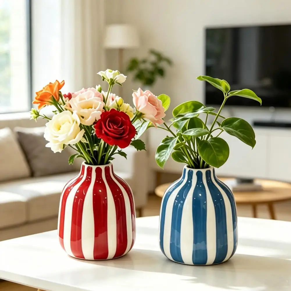 Hand-Painted Ceramic Striped Vase — Nordic Boho Decorative Flower Container for Home