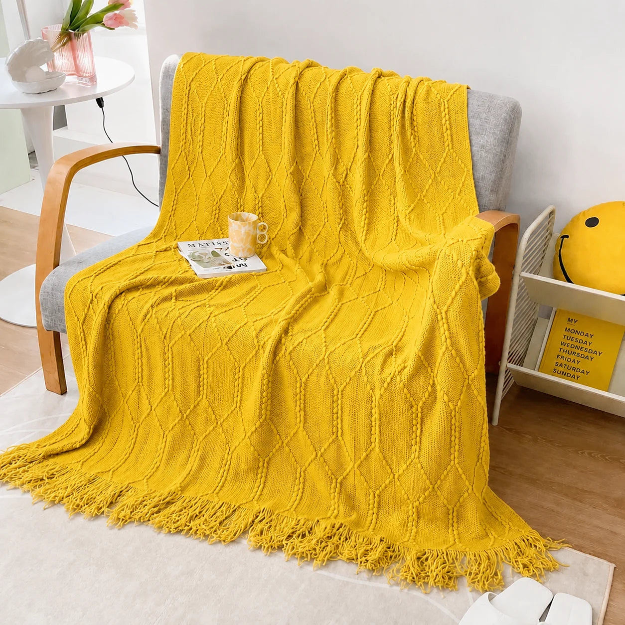 Sage Green Diamond Knit Throw Blanket with Tassels