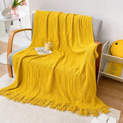 Sage Green Diamond Knit Throw Blanket with Tassels