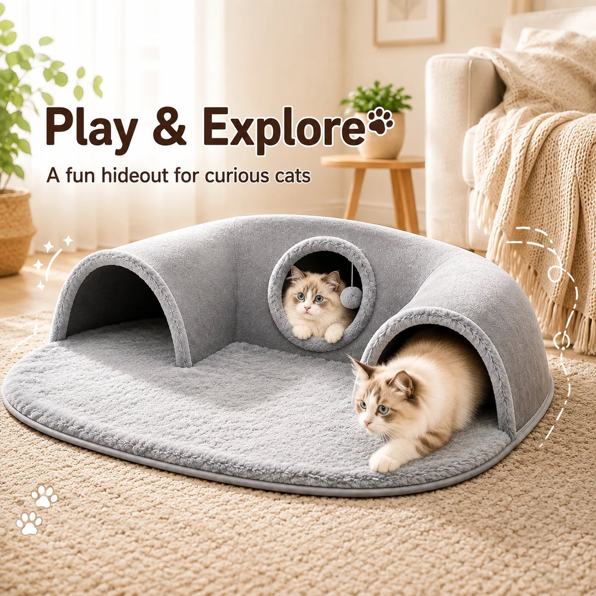 U-Shaped Cat Tunnel Bed, Detachable & Washable