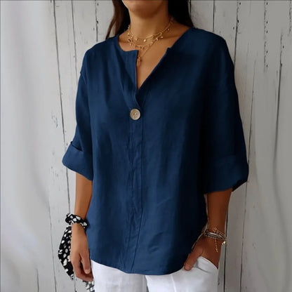 VEITCHE Women's V-Neck Button Shirt — 3/4 Sleeve Cotton Linen Top